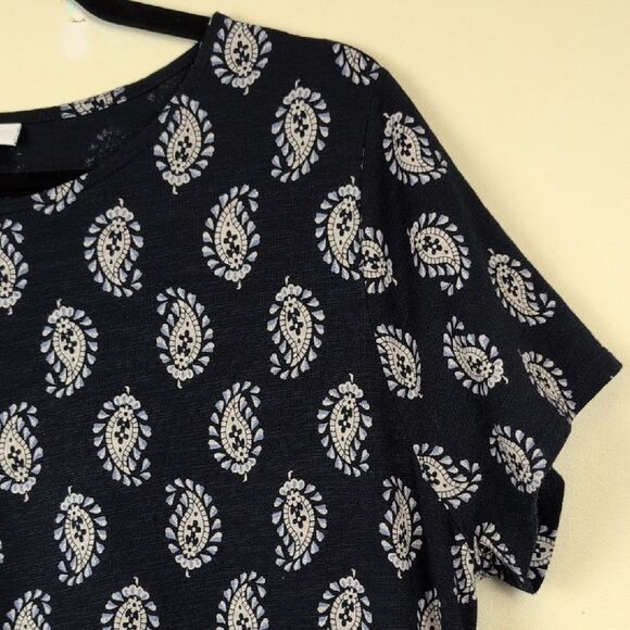 J.Jill Navy Elliptical Knit Paisley Print Flounced Hem Dress Short Sleeve Size L - Picture 5 of 11